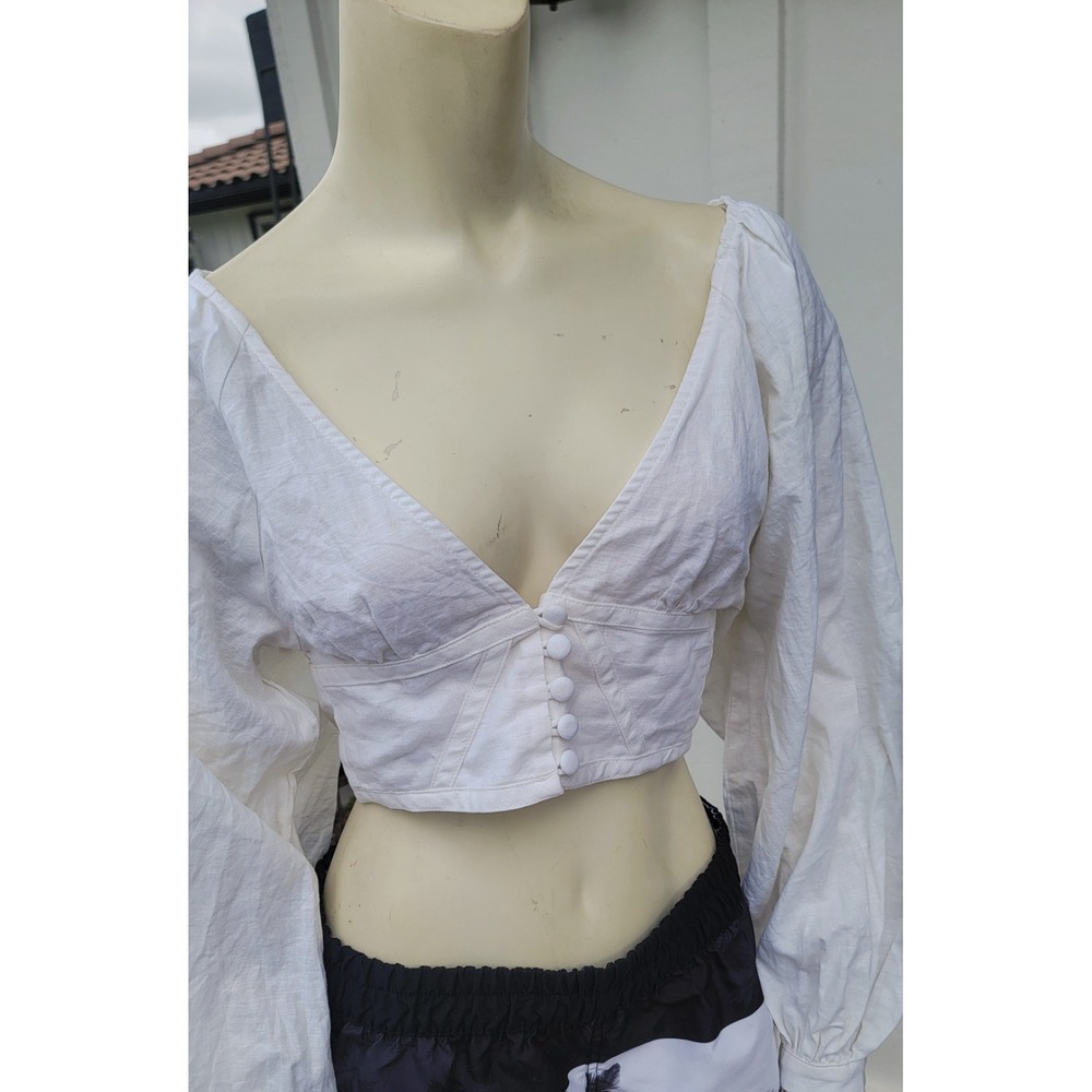VRG GRL Linen Blend‎ Balloon Sleeve Deep V Crop Milkmaid Fairycore Ivory Sz 8 - Picture 13 of 13
